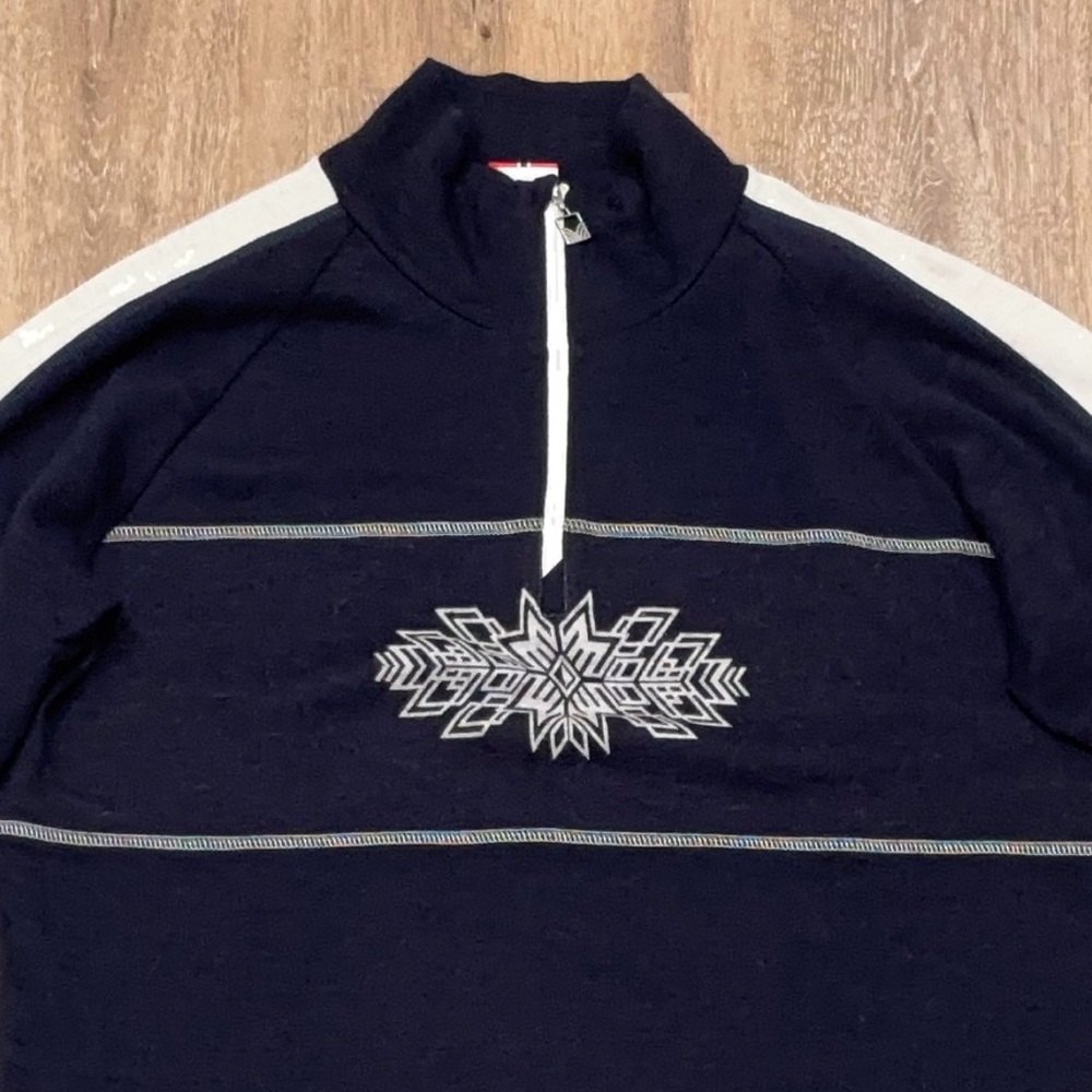 Dale Of Norway Mens Large 1/4 Zip Sweater Navy White Wool Snowflake Ski